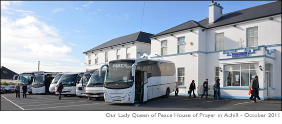 Coaches arrive with pilgrims to attend the Saturday Novena at the House of Prayer Achill