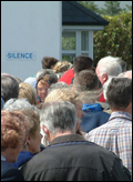 People entering Our Lady Queen of Peace House of Prayer, Achill